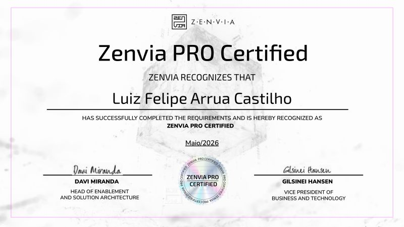 Certificado Zenvia PRO Certified - Luiz Felipe Arrua Castilho